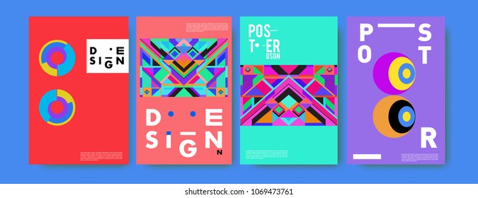 Abstract colorful geometric pattern background for poster design. Blue, yellow, red, orange, pink and green. Vector banner poster template in Eps10.
