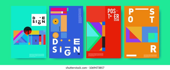 Abstract colorful geometric pattern background for poster design. Blue, yellow, red, orange, pink and green. Vector banner poster template in Eps10.