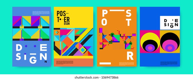 Abstract colorful geometric pattern background for poster design. Blue, yellow, red, orange, pink and green. Vector banner poster template in Eps10.