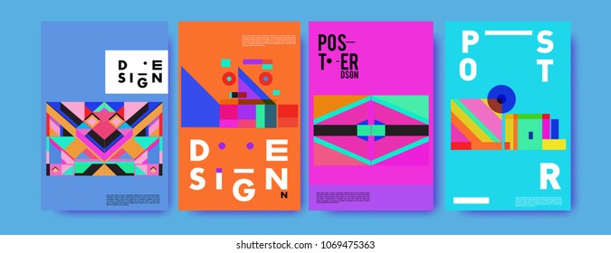 Abstract colorful geometric pattern background for poster design. Blue, yellow, red, orange, pink and green. Vector banner poster template in Eps10.