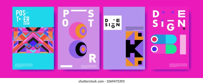 Abstract colorful geometric pattern background for poster design. Blue, yellow, red, orange, pink and green. Vector banner poster template in Eps10.