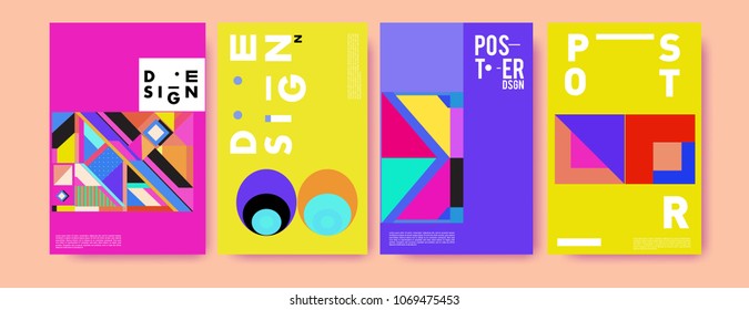 Abstract colorful geometric pattern background for poster design. Blue, yellow, red, orange, pink and green. Vector banner poster template in Eps10.