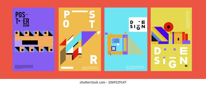 Abstract colorful geometric pattern background for poster design. Blue, yellow, red, orange, pink and green. Vector banner poster template in Eps10.