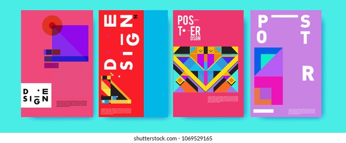 Abstract colorful geometric pattern background for poster design. Blue, yellow, red, orange, pink and green. Vector banner poster template in Eps10.