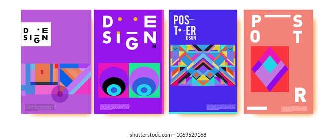 Fondo de patrón geométrico abstracto de color para el diseño de afiches. Azul, amarillo, rojo, naranja, rosa y verde. Plantilla de afiche de pancarta vectorial en Eps10.