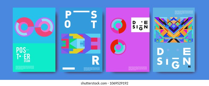 Abstract colorful geometric pattern background for poster design. Blue, yellow, red, orange, pink and green. Vector banner poster template in Eps10.