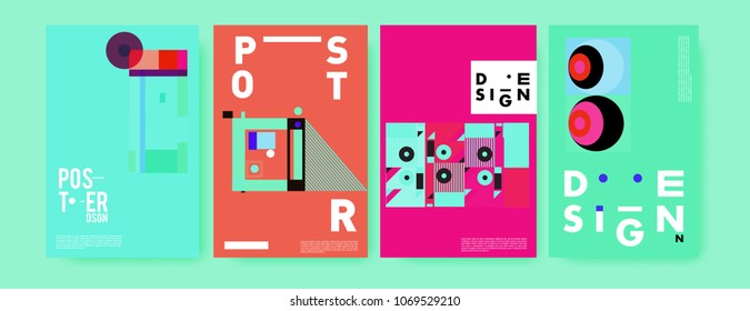 Abstract colorful geometric pattern background for poster design. Blue, yellow, red, orange, pink and green. Vector banner poster template in Eps10.