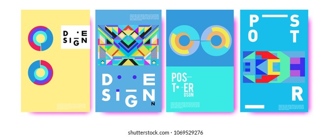 Abstract colorful geometric pattern background for poster design. Blue, yellow, red, orange, pink and green. Vector banner poster template in Eps10.