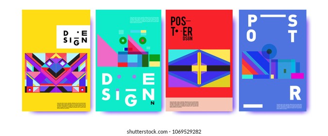 Abstract colorful geometric pattern background for poster design. Blue, yellow, red, orange, pink and green. Vector banner poster template in Eps10.