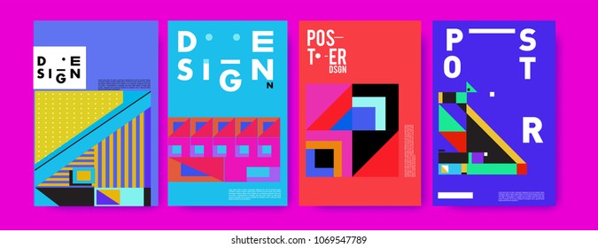 Abstract colorful geometric pattern background for poster design. Blue, yellow, red, orange, pink and green. Vector banner poster template in Eps10.