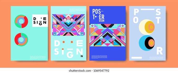 Abstract colorful geometric pattern background for poster design. Blue, yellow, red, orange, pink and green. Vector banner poster template in Eps10.