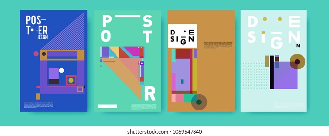 Abstract colorful geometric pattern background for poster design. Blue, yellow, red, orange, pink and green. Vector banner poster template in Eps10.