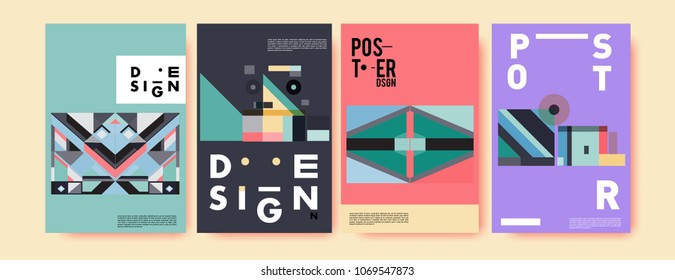 Abstract colorful geometric pattern background for poster design. Blue, yellow, red, orange, pink and green. Vector banner poster template in Eps10.