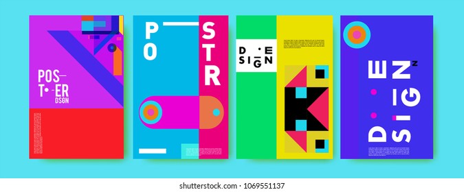 Abstract colorful geometric pattern background for poster design. Blue, yellow, red, orange, pink and green. Vector banner poster template in Eps10.