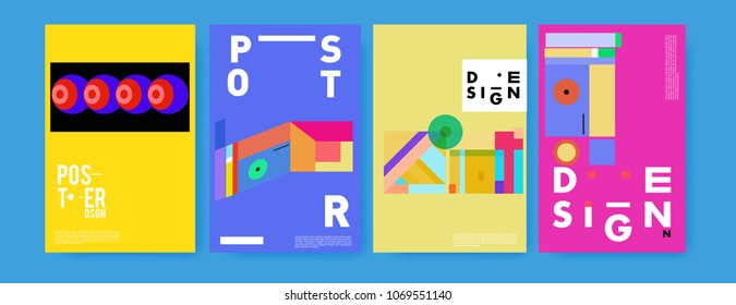 Abstract colorful geometric pattern background for poster design. Blue, yellow, red, orange, pink and green. Vector banner poster template in Eps10.