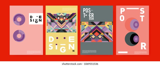 Abstract colorful geometric pattern background for poster design. Blue, yellow, red, orange, pink and green. Vector banner poster template in Eps10.