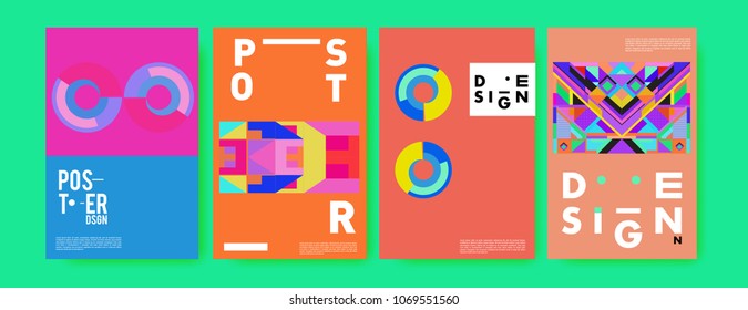 Abstract colorful geometric pattern background for poster design. Blue, yellow, red, orange, pink and green. Vector banner poster template in Eps10.