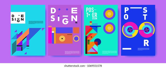 Abstract colorful geometric pattern background for poster design. Blue, yellow, red, orange, pink and green. Vector banner poster template in Eps10.