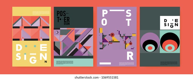 Abstract colorful geometric pattern background for poster design. Blue, yellow, red, orange, pink and green. Vector banner poster template in Eps10.