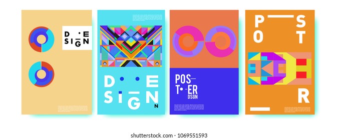 Abstract colorful geometric pattern background for poster design. Blue, yellow, red, orange, pink and green. Vector banner poster template in Eps10.
