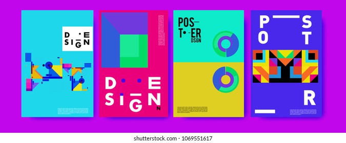 Abstract colorful geometric pattern background for poster design. Blue, yellow, red, orange, pink and green. Vector banner poster template in Eps10.