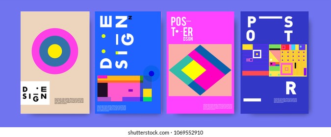 Abstract colorful geometric pattern background for poster design. Blue, yellow, red, orange, pink and green. Vector banner poster template in Eps10.