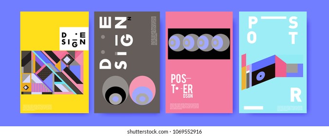 Abstract colorful geometric pattern background for poster design. Blue, yellow, red, orange, pink and green. Vector banner poster template in Eps10.