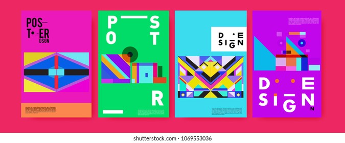 Abstract colorful geometric pattern background for poster design. Blue, yellow, red, orange, pink and green. Vector banner poster template in Eps10.