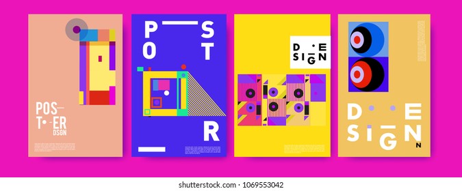 Abstract colorful geometric pattern background for poster design. Blue, yellow, red, orange, pink and green. Vector banner poster template in Eps10.