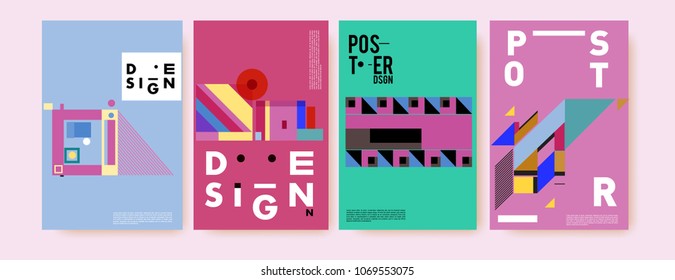 Abstract colorful geometric pattern background for poster design. Blue, yellow, red, orange, pink and green. Vector banner poster template in Eps10.