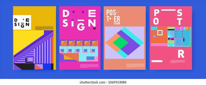 Abstract colorful geometric pattern background for poster design. Blue, yellow, red, orange, pink and green. Vector banner poster template in Eps10.