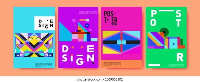 Abstract colorful geometric pattern background for poster design. Blue, yellow, red, orange, pink and green. Vector banner poster template in Eps10.