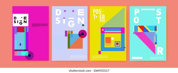 Abstract colorful geometric pattern background for poster design. Blue, yellow, red, orange, pink and green. Vector banner poster template in Eps10.