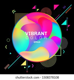 Abstract colorful geometric pattern design on black background with circle label 3D liquid or fluid shapes gradient elements vibrant color. You can use for modern brochure design, cover, template
