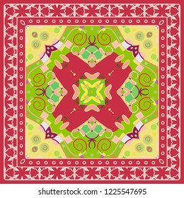 Abstract colorful geometric pattern. Ethnic ornament with line frame, border. Bandanna, shawl, scarf, tablecloth design. Ornamental motif for textile fabric print, for card, cafe, shop, banner, cover