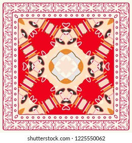 Abstract colorful geometric pattern. Ethnic ornament with line frame, border. Bandanna, shawl, scarf, tablecloth design. Ornamental motif for textile fabric print, for card, cafe, shop, banner, cover