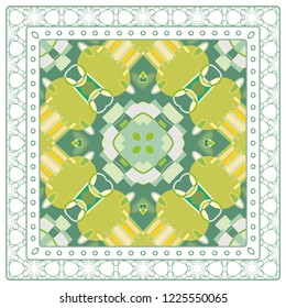 Abstract colorful geometric pattern. Ethnic ornament with line frame, border. Bandanna, shawl, scarf, tablecloth design. Ornamental motif for textile fabric print, for card, cafe, shop, banner, cover