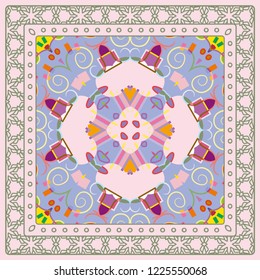 Abstract colorful geometric pattern. Ethnic ornament with line frame, border. Bandanna, shawl, scarf, tablecloth design. Ornamental motif for textile fabric print, for card, cafe, shop, banner, cover