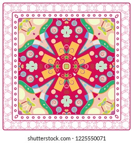 Abstract colorful geometric pattern. Ethnic ornament with line frame, border. Bandanna, shawl, scarf, tablecloth design. Ornamental motif for textile fabric print, for card, cafe, shop, banner, cover