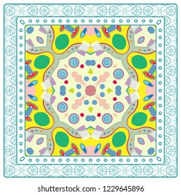 Abstract colorful geometric pattern. Ethnic ornament with line frame, border. Bandanna, shawl, scarf, tablecloth design. Ornamental motif for textile fabric print, for card, cafe, shop, banner, cover