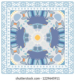 Abstract colorful geometric pattern. Ethnic ornament with line frame, border. Bandanna, shawl, scarf, tablecloth design. Ornamental motif for textile fabric print, for card, cafe, shop, banner, cover