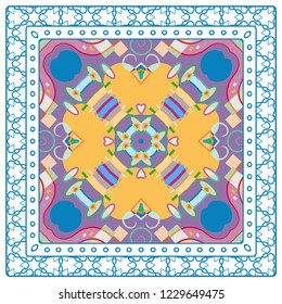 Abstract colorful geometric pattern. Ethnic ornament with line frame, border. Bandanna, shawl, scarf, tablecloth design. Ornamental motif for textile fabric print, for card, cafe, shop, banner, cover