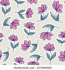 Abstract colorful geometric pattern with pink florals on beige background.