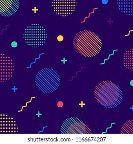 Abstract colorful geometric pattern in retro 80s style. Circle, zigzag, dotted, lines memphis, pop art background. Vector illustration