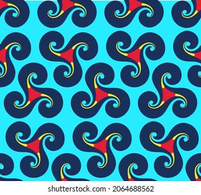 Abstract colorful geometric pattern of round clover boomerang shapes in the style of the 60s and 70s. Vector seamless abstract  wallpaper.