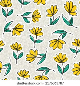 Abstract colorful geometric pattern with yellow florals on beige background.