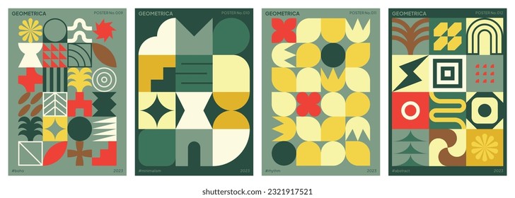 Abstract colorful geometric patterns inspired by Neo Geo art. Minimalist poster set with graphic shapes and symbols. Flat, vector and decorative illustrations for wall art, print, cover or background.
