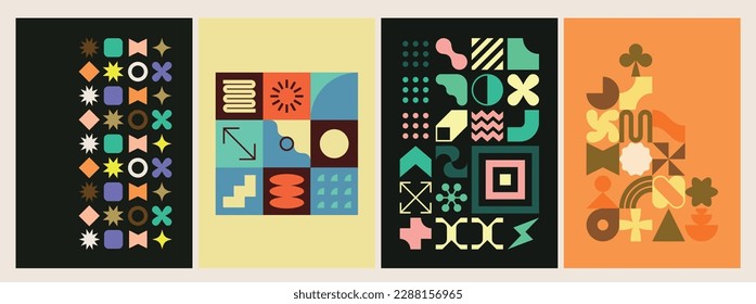 Abstract, colorful and geometric posters, postcards or covers.
Neo geo artistic print or wall art. Flat vector illustration. Trendy geometric design. Minimalist and retro background. Basic shapes.