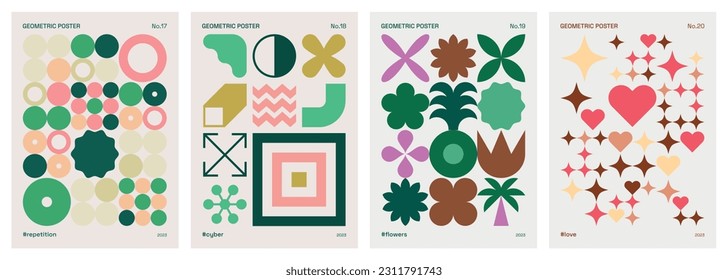 Abstract colorful geometric posters. Vector patterns influenced by Swiss style and minimalism. Modern and trendy geometrical backgrounds for prints, covers, invitations or cards. Primitive shape set.