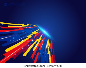 Abstract colorful geometric rounded lines halftone transition perspective motion on blue background with explosive light technology concept. Vector illustration